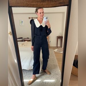 Reformation Navy Blouse with White Ruffled Collar